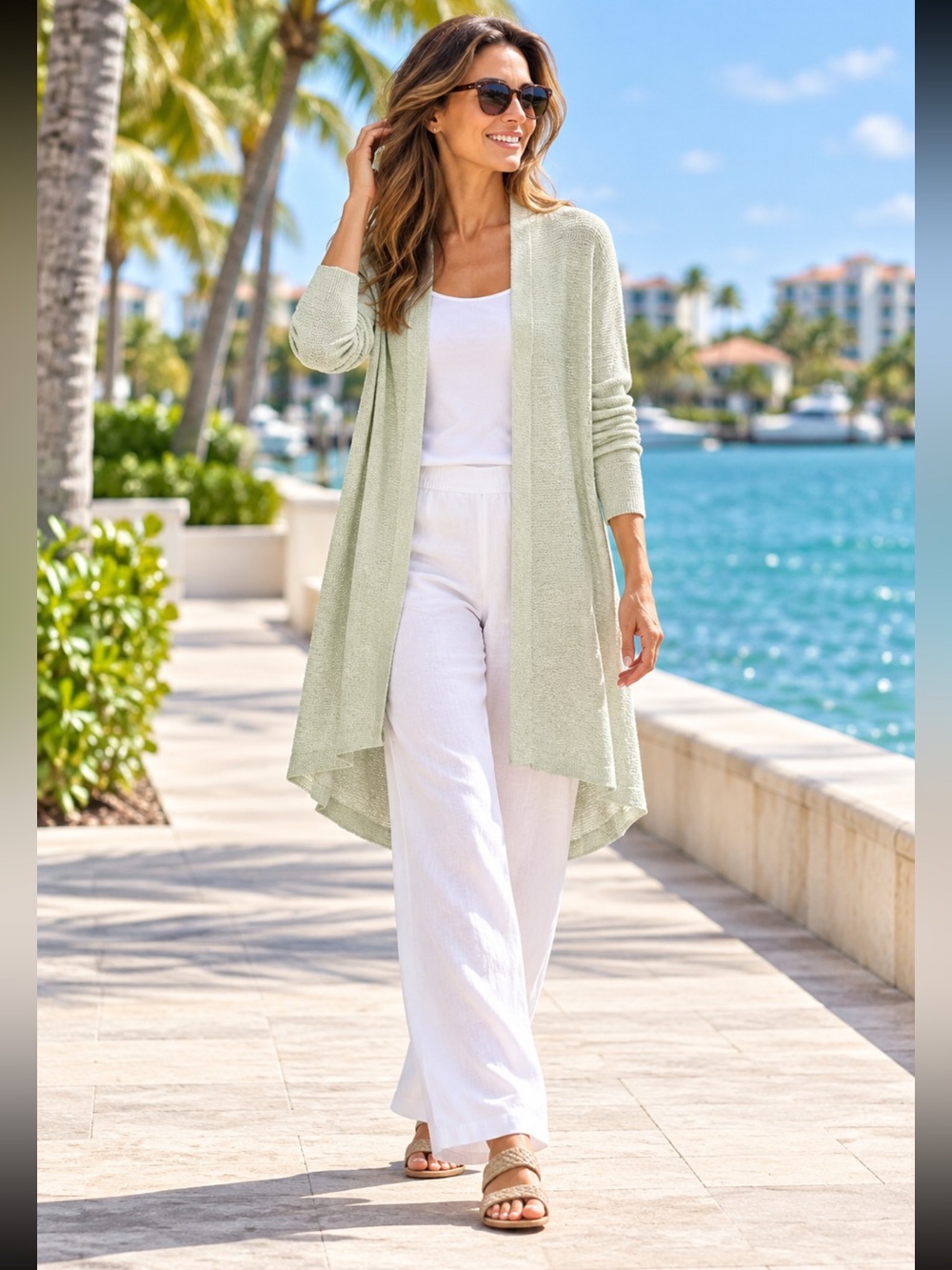 Eileen Fisher Pale Celery Green Organic Linen Blend Long Cardigan M